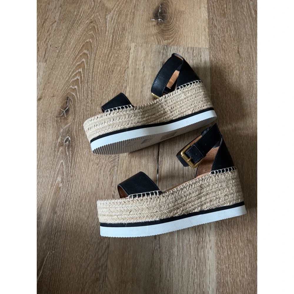 See By Chloe NWOT Glyn Black Leather Platform Espadrilles Wedge Sandals‎ Size 36